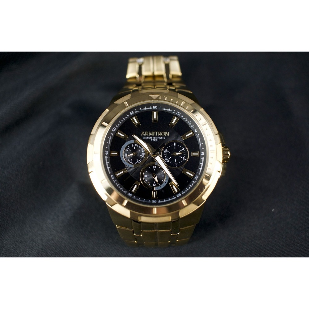 Armitron Day Date Gold Tone Multifunction Watch Black Calendar 24Hr 20/5144GP